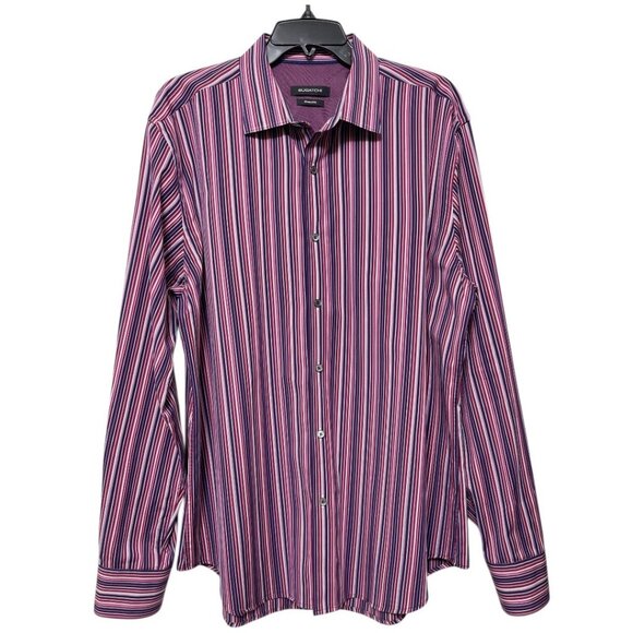 Bugatchi Mens Striped Button-Up Shirt In Shaped Fit Purple/Red XL - Picture 2 of 11